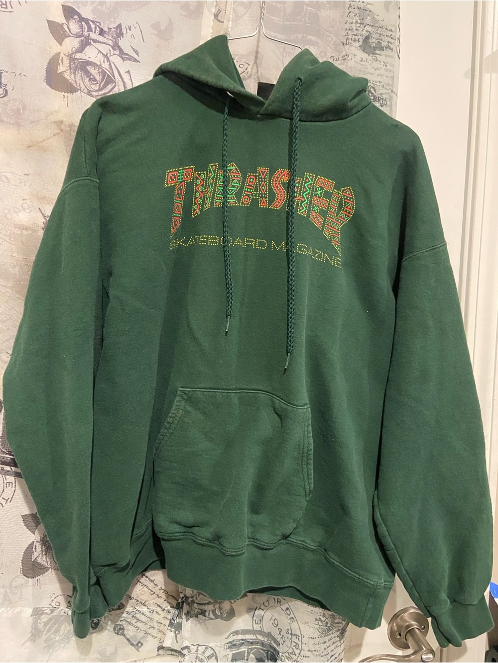Thrasher Dark Green Hoodie with Multicolor Tribal Logo